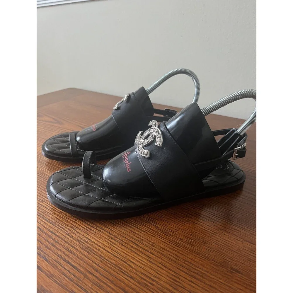 Chanel Black Quilted Leather CC Logo Thong Sandals, Size 39